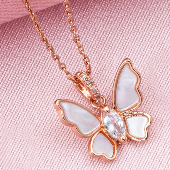 Rose Gold Butterfly Necklace with pink Mother of Pearl, Charmed Aroma - Picture 1 of 8